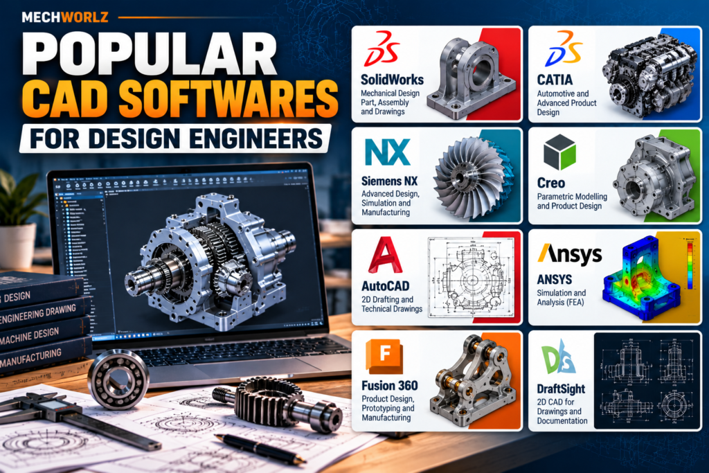 Popular CAD software for mechanical design engineers including SolidWorks, CATIA, Siemens NX, Creo and AutoCAD